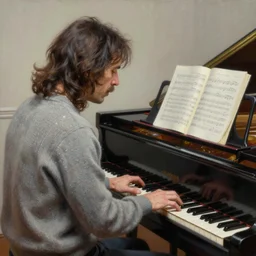 An Oil Painting of the back view of Rivers Cuomo in a sweater with long hair and a mustache masterfully playing the piano, hyperrealistic, extremely realistic, highly realistic, HD Quality, 4k resolution, 8k resolution, Detailed, Very Detailed, Highly Detailed, Extremely Detailed, Intricate Details, Real, Very Real, Oil Painting, Digital Painting, Painting, Trending on Deviantart, Trending on Artstation