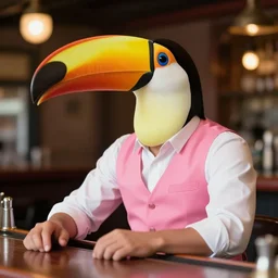 hyper realistic toucan-headed man wearing a pink vest and a white shirt sitting at a bar, 4k, Cannon 200mm