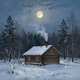 wide scene of a siberian cabin at forest's edge in winter with smoking chimney under moonlight, by ilya repin, full resolution
