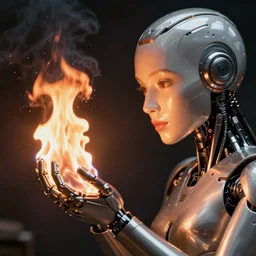 beautiful metal and plastic robot with female - looking face staring at fire from her burning hand, with a look full of both horror and charm. unreal engine detailed render 4 k. trending at top cgi artwork