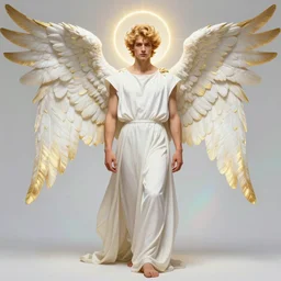 fullbody portrait of a beautiful young fit male angel with curly blond hairs, detailed face, bare feet, dressed with long fluent clothes, majestic symmetrical eagle wings, luminous halo, by greg rutkowski and alphonse mucha, gradient white to gold, in front of an iridescent background, highly detailed portrait, digital painting, concept art, smooth, sharp focus illustration, artstation