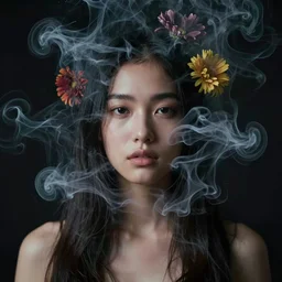 candid portrait of very beautiful young filipino woman with narrow face, surrounded by dramatic swirling smoke and flowers, face partially obscured, dark background, by conrad roset, abstract, trending on artstation