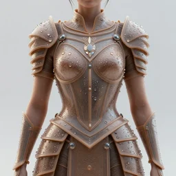 full shot of a regal brown woman wearing an intricate and detailed armor made of dew drops. multiple layers. reflections. morning dew. textures. delicate. translucent. studio portrait. photorealistic. octane render