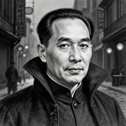 black and white pencil portrait of a ho chi minh, vampire wizard, dark asian city street background, trending artstation, relaxed expression, dark lighting, high detail