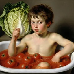 a boy sitting in a tub full of tomato sauce, a lot of cabbage, by giuseppe arcimboldo and ambrosius benson, renaissance, portrait, fruit, detailed oil paint, high definition