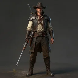full body character portrait of a gunslinger / knight in the style of high fantasy art trending on artstation deviantart pinterest photorealistic hd 8 k highlights and shadow detailed high resolution hd 8 k