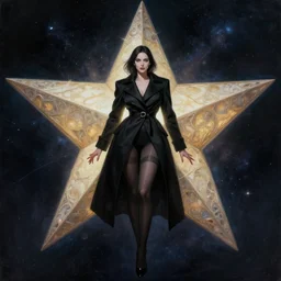 lady in black coat and pantyhose in cosmic horror style, giant star, intricate, seductive confident pose, realistic, extremly high detailed, digital painting, art by wlop and artgerm and ross tran and greg rutkowski, charlie bowater