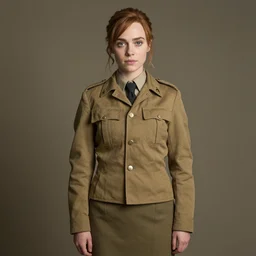 katniss everdeen as an army general, wearing a khaki jacket, shirt and tie with skirt, photo portrait by annie leibovitz