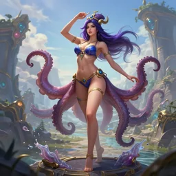 portrait of sorceress wearing an octopus bikini, full body shot, rule of thirds, action pose, amazing beautiful landscape in background, fantasy, sci - fi, league of legends hearthstone splash art, art by chengwei pan and huang guangjian and viktoria gavrilenko and artgerm and greg rutkowski, 8 k, octane, intricately detailed, highly detailed, trending on artstation