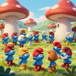 smurfs being smurfy in there smurfing mushroom village!, extremely detailed, sharp focus, wide view, full body shot, smooth, digital illustration, by james jean, by rossdraws, frank franzzeta, mcbess, sakimichan, brosmin, danton fadeev, steve simpson