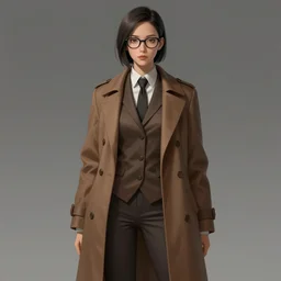 artstation, concept art, style kim jung gi, androgynous face, female, human, brown suit vest, longcoat, glasses, short hair, front view, highly detailed, digital art, anime