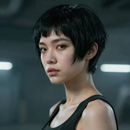 a portrait of a beautiful girl, short black hair, pixie hair cut, cyberpunk style, futuristic, realism, photorealism, wide shot, dramatic lighting, digital art, 8k resolution, high detail, by Boris Vallejo