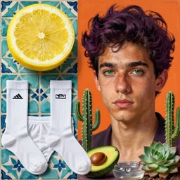 Collage art, Young Spanish man, Art by Joshua Middleton,white sports socks, Rene Magritte, clean underpants, turquoise Morrocan tiles, half a giant lemon, half an avocado, an ashtray, cactus, succulent plants, tanned skin, deep purple hair, Green eyes, Orange background, Mucha, symbolism, Portrait of the man, surreal collage art
