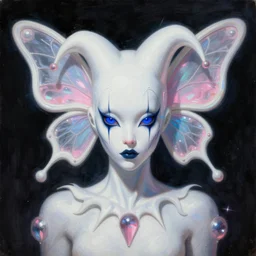 dark whimsical white iridescent organic butterfly jester human. angular futuristic sci - fi features and eyes. deep blue and pink tones. dark black background. highly detailed science fiction painting by moebius, frank frazetta, and syd mead. rich colors, high contrast. lens flare, y 2 k aesthetic on artstation