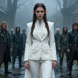 a realistic detail of a beautiful elf girl dress white suit in middle earth, raining, mist by Julian calle, wlop, Beksiński, Dylan cole, Erak note, Denis Villeneuve, Ben Nicholas, Anton Fadeev, thomas kinkade, rutkowski, Finnian MacManus, Syd Mead, Trending on artstation, blue and black scheme, 8k, RE Engine