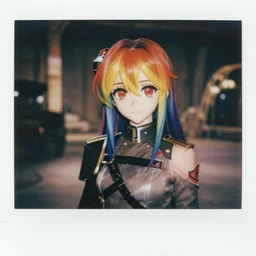 ( ( polaroid ) ) of anime girl with raimbow hair and large red eyes wearing a soldier outfit in mos eisley, cinestill 8 0 0 t, 8 5 mm f / 1. 8, bokeh, cinematic