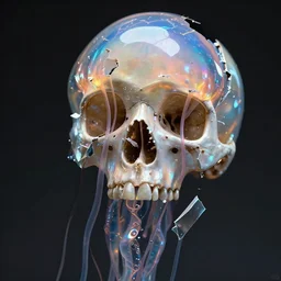 3 d close - up, broken in to pieces fractured iridescent human skull jellyfish, highly detailed. by wlop, tooth wu, greg rutkowski, alena aenami, beeple