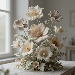 still life of fantasy flowers, magical, surreal, centered, complex 3 d render, ultra detailed, intricate, realistic, textured, 1 0 0 mm lens, refined, high definition, natural window lighting, more detailed, ethereal,