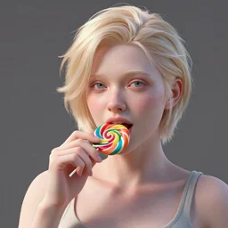 portrait of an albino woman eating a lot of candy, unreal engine octane, colorful, hyper detailed, 50mm