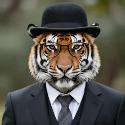 high quality portrait photo of a !mature tiger! wearing a business suit and tie, wearing a bowler hat, !stylish spectacles!, !!Anthropomorphic!!, photography 4k, f1.8 bokeh, 4k, 85mm lens, sharp eyes, looking at camera