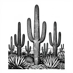 art by brian reedy, a beautiful black ink linocut print of the giant cactus forest baja mexico, 8 k, frostbite 3 engine, cryengine, ground level shot, dof, trending on artstation, digital art, crepuscular ray