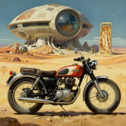 vintage classic motorcycle, moebius and ralph mcquarrie style, retro sci - fi, blade runner 2 0 4 9, alphonse mucha, pulp sci - fi, painting, mad max fury road