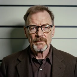 1970s of Mugshot Portrait of a very old and decrepit Walter White with glasses and no beard, dressed in 1970s menswear, taken in the 1970s, photo taken on a 1970s polaroid camera, grainy, real life, hyperrealistic, ultra realistic, realistic, highly detailed, epic, HD quality, 8k resolution, body and headshot, film still, front facing, front view, headshot and bodyshot, detailed face, very detailed face