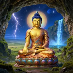 a dreamy amitabha buddha meditating in a cave overlooking a vast plain, mossy rocks, lightening, a bright blue waterfall, a sky full of stars background, 4 k, hyper realistic, in he style of national geographic, coherent design, symmetrical, vivid colour, complementary colour, golden ratio, detailed, sharp lines, intricate, rainbow shift, in unreal 3 d engine, ray tracing, octane render
