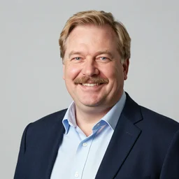 sears portrait studio photo of a cheerful middle - aged german businessman, just slightly overweight, fairly attractive, short blonde hair and mustache