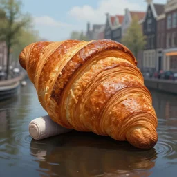 live croissant emerges from amsterdam canal, fantasy, high detail, elegant, digital painting, cinematic lighting, textured skin, highly detailed, artstation, unreal engine 5, breathtaking, illustration, ilya kuvshinov, nikolay makovsky