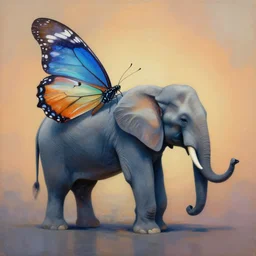 painting of hybrid between butterfly!!!!!!!!!!!!!!!! & elephant, intercrossed animal, mixture animal, by tiffany bozic, by zdzislaw beksinski, biomorphic, cold hue's, warm tone gradient background, concept art, beautiful composition, digital painting,