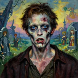 realistic detailed portrait movie shot of an beautiful male zombie, futuristic graveyard landscape background by jean deville, amano, yves tanguy, alphonse mucha, max ernst, caravaggio, roger dean, masterpiece, rich moody colours, blue eyes
