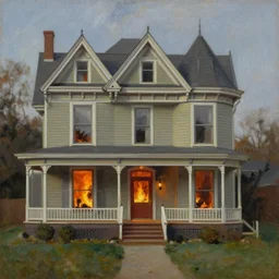 A Queen Anne style victorian house on fire, oil on canvas