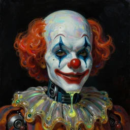 baroque neoclassicist close - up portrait of a retrofuturistic iridescent dark robot clown dripping in glowing toxic slime. dark black background, glowing atmosphere. highly detailed science fiction painting by norman rockwell, frank frazetta, and syd mead. rich colors, high contrast, gloomy atmosphere. trending on artstation and behance.
