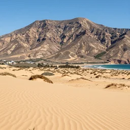 4k high definition realistic Sandy dry mountain in the desert huge mountain dry overlooking the ocean in the style of Galen Rowell