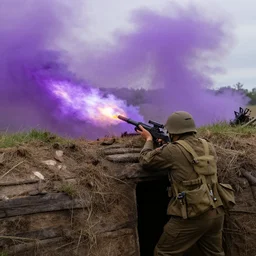a soldier in a trench receiving artillery fire and purple smoke