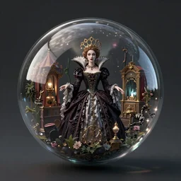 By Tom Bagshaw, ultra realist octane render of a floating transparent glass sphere, filled with a dark curiosities carnival scene mixed with a beautiful gothic queen dressed, reflection and refraction, gods ray, symmetry accurate features, very intricate details, volumetric light, artstation
