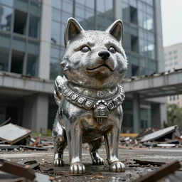 a dirty weathered chrome shiba inu statue in the post apocalyptic ruins of an office building