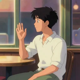 a male teenager sitting on a cafe and looking to a window, artgerm, anime style, pixar and disney style, path traced, color painting, anatomically correct, five fingers, cinematic, high coherence, highly detailed, high quality, serene scene, colorful, symmetrical, beautiful, elegant, short black hair, vintage