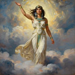 Full body oil painting of the beautiful goddess Gal Gadot, she is egyptian, she is wearing a strophion and a surreal ornate, her hair is natural disheveled, she is approaching heaven over the clouds, naturalism, dramatic lighting, high-detailed oil painting by Ilya Repin, Michelangelo da Caravaggio, William Blake, Alex Grey and Beksinski, trending on Artsation, hystorical painting, naturalism, masterpiece, 4k, 8k,