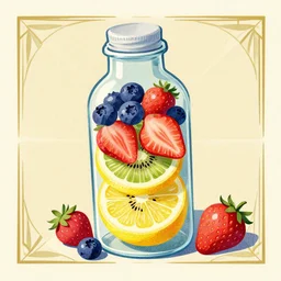 ( ( dither ) ), editorial illustration strawberries blueberries sliced kiwi sliced lemon layered inside a clear drinking bottle, isometric, modern art deco, ( ( mads berg ) ), christopher balaskas, victo ngai, rich grainy texture, detailed, dynamic composition, wide angle, matte print, art nouveau, unreal engine