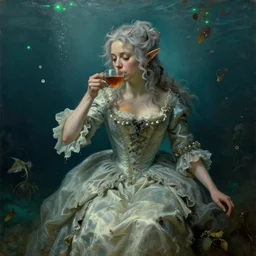 a 1 8 th century, messy, silver haired, ( ( ( mad ) ) ) elf princess ( look like ( ( young kate winslet ) ) ), dressed in a frilly ( ( ragged ) ), wedding dress, is ( ( drinking a cup of tea ) ). everything is underwater! and floating. greenish blue tones, theatrical, ( ( green lights ) ) fantasy oil canvas by franz xaver winterhalter