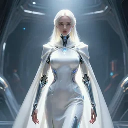 beautiful cyborg priestess, scifi, perfect face, futuristic, elegant cape, aura of light, glow, concept art, sharp focus, inside a space ship, trending on artstation, hwang se - on, intricate, advanced technology, art by roman makarenko and simon almeida and marcos melco