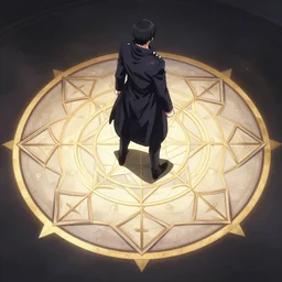 an man in a dark longcoat standing on a geometric magic circle in a dramatic pose, anime art