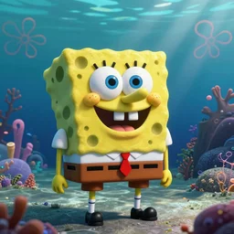 beautiful undersea landscape with intense patrick from spongebob squarepants showing very sharp teeth, global illumination, volumetric shadows, volumetric lighting,