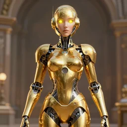 maria of metropolis, humanoid robot, golden full body armor, beautiful helmet in the shape of a face, cyborg eyes glowing yellow, scifi, futuristic, raytracing, glowwave, sharp focus, cinematic lighting, artstation, divine, unreal engine 5 rendered, by fritz lang, art style by pixar warner bros dreamworks disney riot games and overwatch