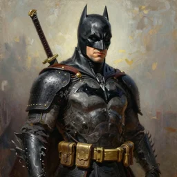 a realistic painting of Batman as a medieval samurai, by Greg rutkowski, Craig Mullins