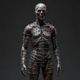a mannequin bound in barbed wire, horror art, dark, masterpiece, very detailed render, sharp, 8k, cgsociety