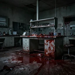 dark, dirty, abandoned laboratory, piles of blood on the floor, blood stains on the walls, low brightness, cinematic lighting