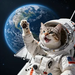 a happy cat in a space shuttle waving to the world